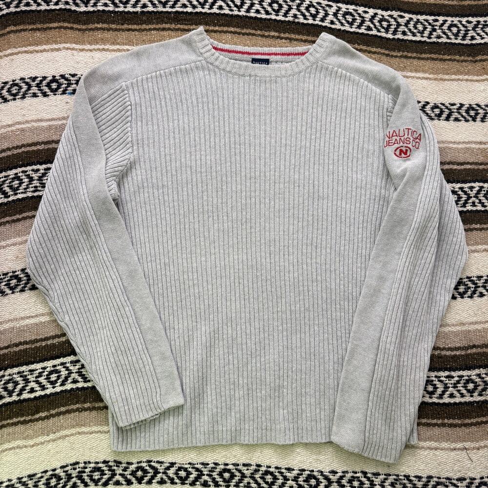 Men's Vintage y2k Nautica Jeans Co. Gray Ribbed Crewneck Knit Pullover Sweater L
